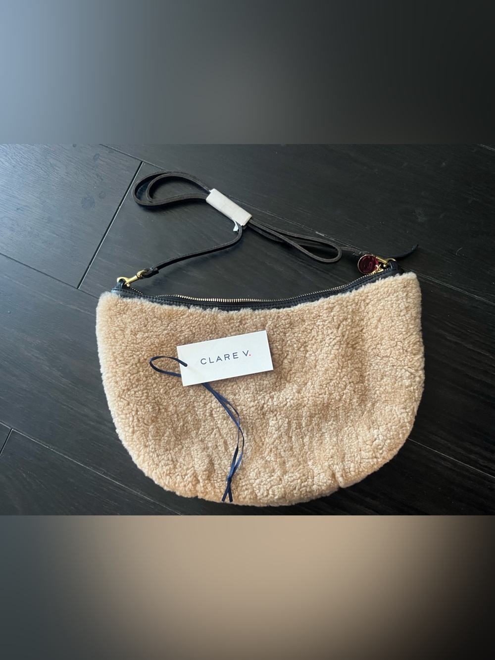 Clare V Tan Sherpa Crescent Crossbody with Black Strap and Gold Hardware - Picture 1 of 4